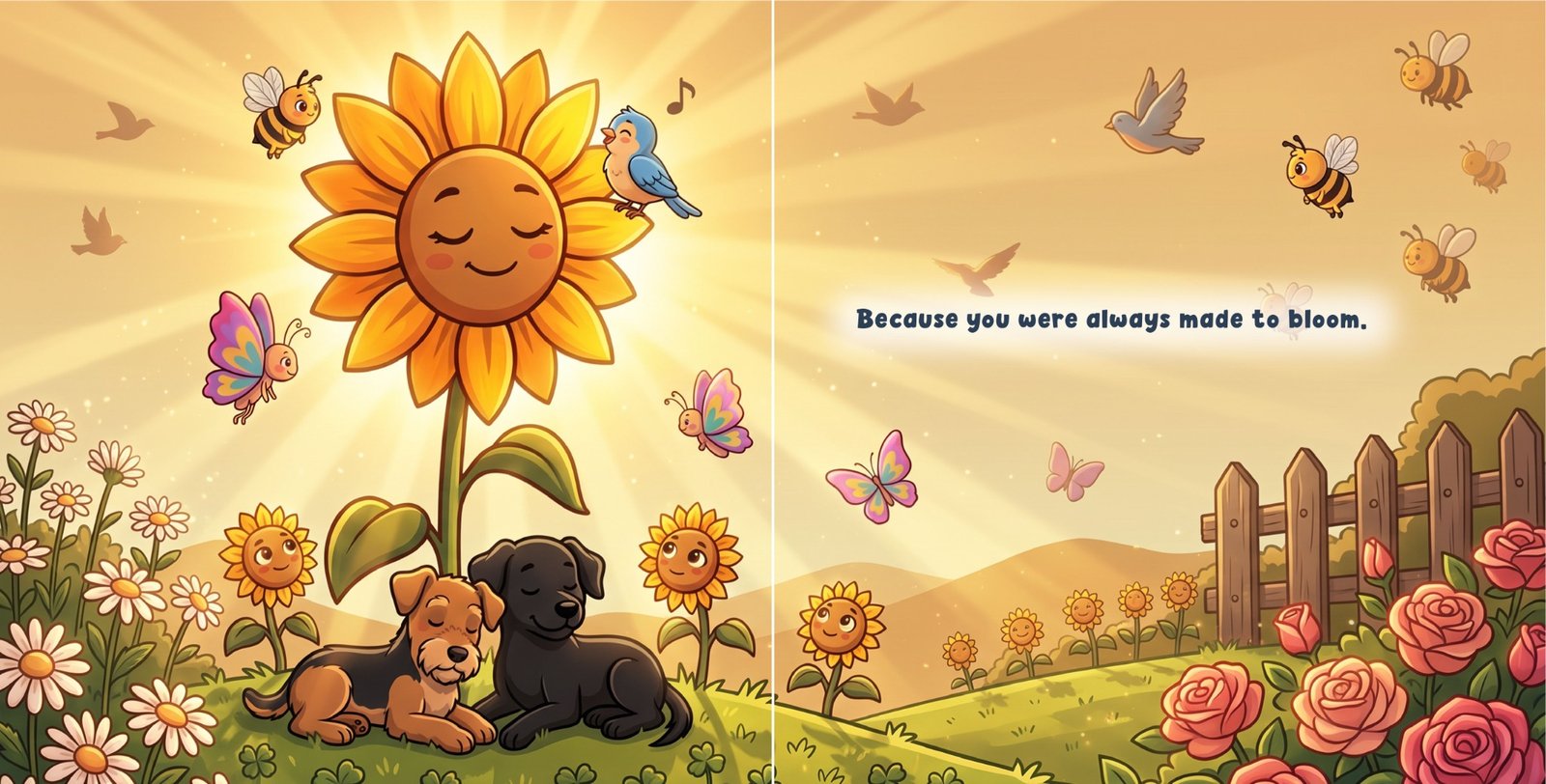 Illustrated countryside world with flowers and fence